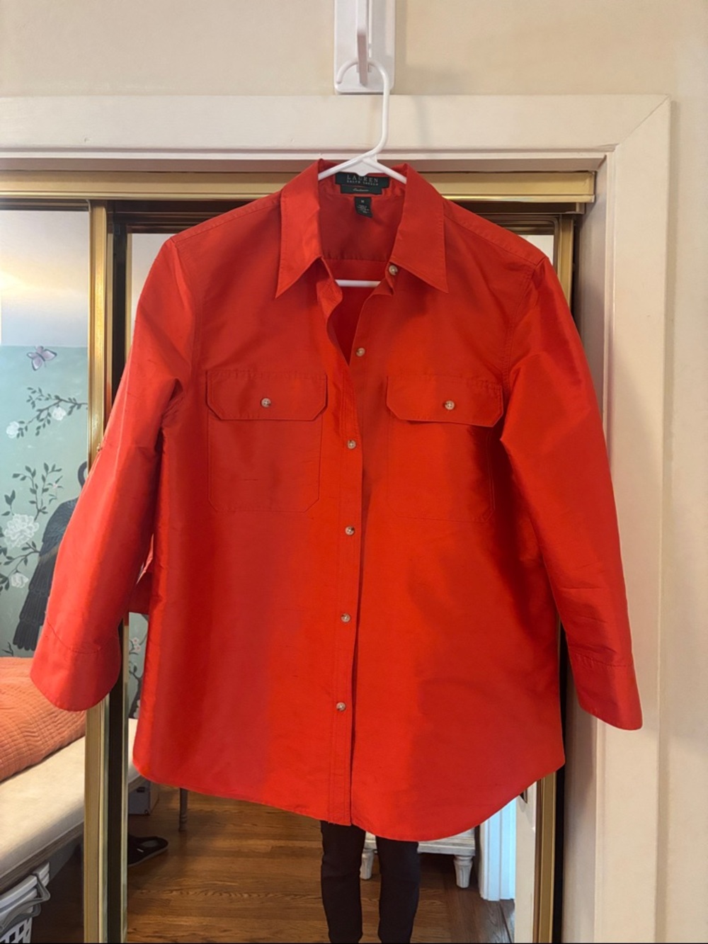 Lauren Ralph Lauren 100% Silk Orange Red Button-Down Shirt